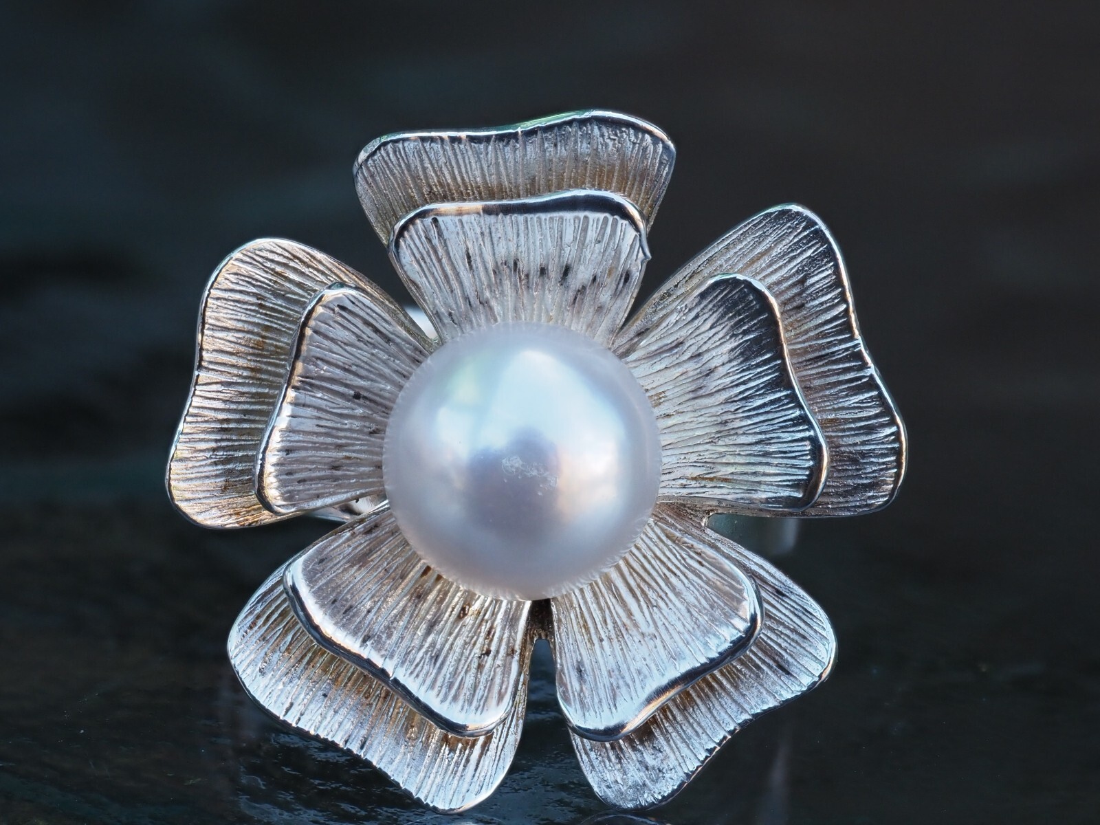Photo 2 of Sterling Silver Flower Ring With Centre Pearl Size P (R139)