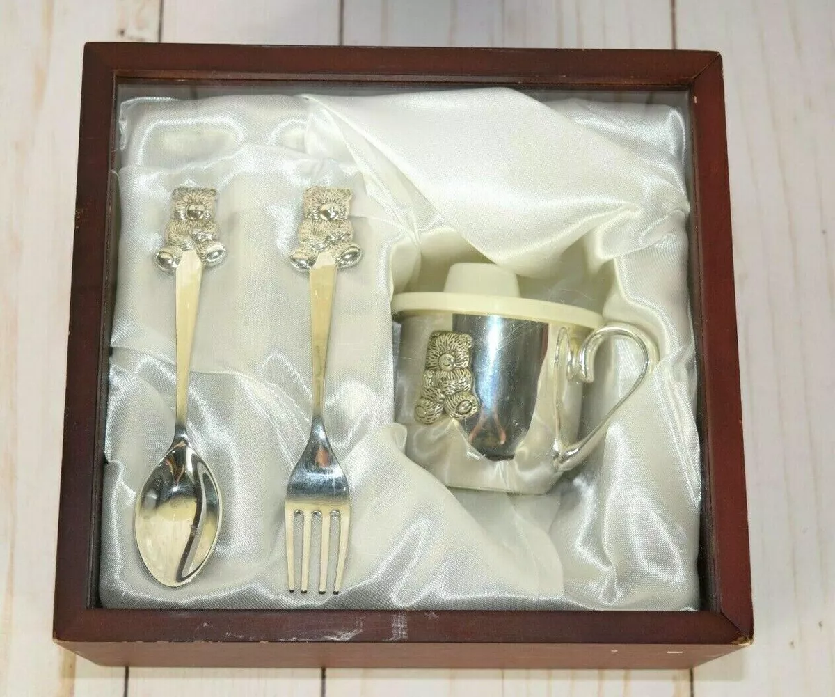 Silver Plated Teddy Bear Baby Cup Fork Spoon Set Wood Box Gift