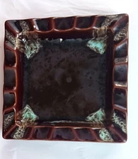 Cigar Ashtray Vintage Art Pottery Ceramic 10 Inch Brown with Turquoise Drip