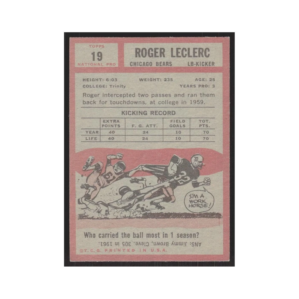 1962 Topps Roger LeClerc Bears #19 - Image 2 of 3