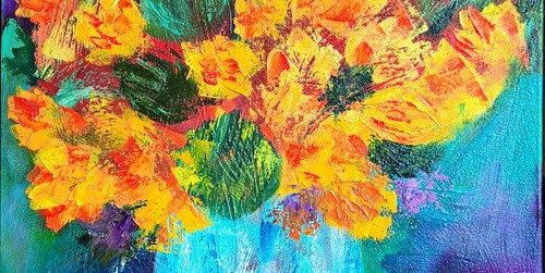 Still life oil with a bouquet of yellow and orange flowers in a blue vase - 第 7/12 張圖片