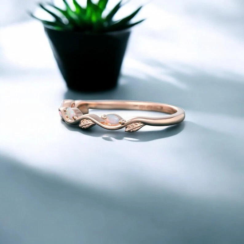 Opal wedding Band Opal Half Eternity Band Solid 14k Rose gold Band - Image 4 of 4