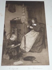 Rare Original Heliogravure Engraving by Albert Anker (1831-1910) Swiss Artist