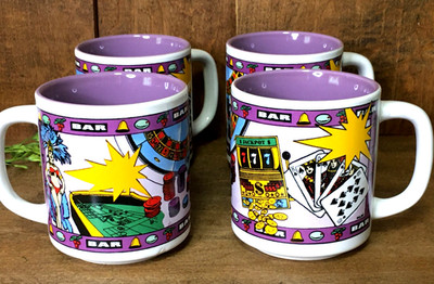 Casino Coffee Mug Set Of 4 Barware Slot Machine, Cards, Showgirl,Gambling Vtg.