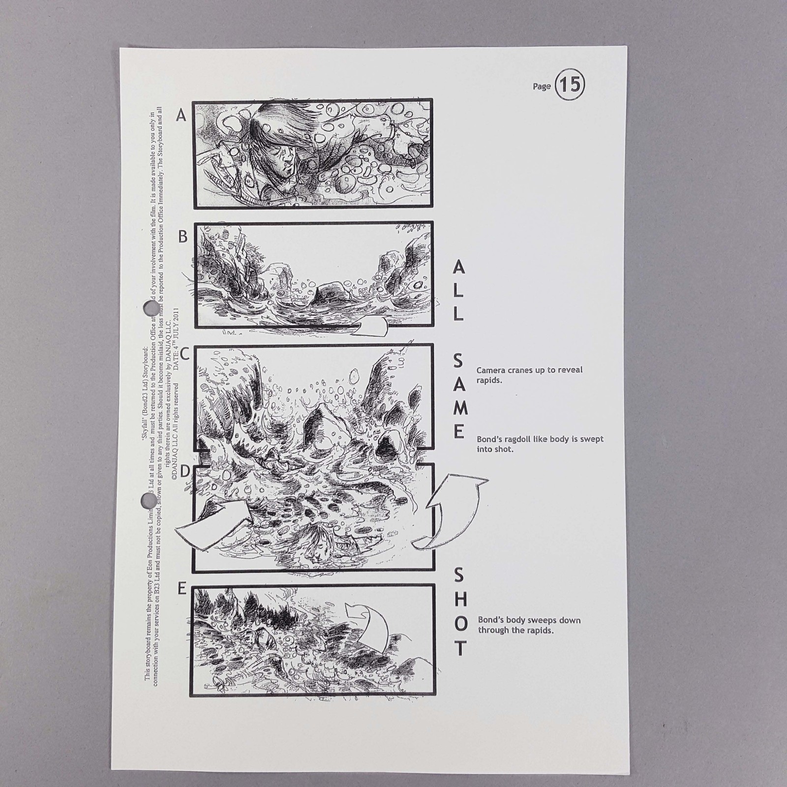 James Bond Skyfall Storyboard Bond's Body Swept Through Rapids, Prop COA
