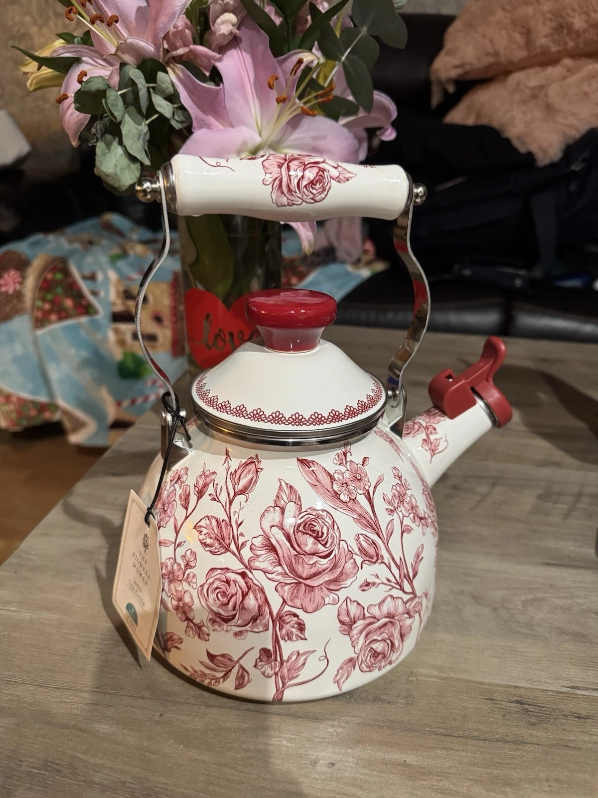 The Pioneer Woman Agatha 2QT Enamel Whistling Tea Kettle RARE Red & White New!!