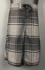 O'Neill Board Shorts Mens 33 Black Gray Plaid Surf Swim Trunks Pockets Beach