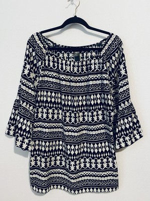 Ali Miles Top Womens XL Black White Tribal Aztec Print Bell Sleeve Tunic Boho