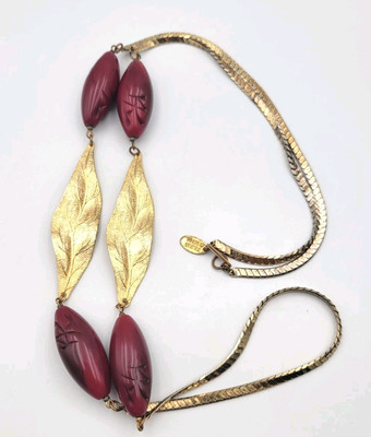 Vtg Miriam Haskell Oxblood Glass Asian Script Bead Gold Tone Leaves Necklace