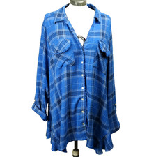 Ruby Rd. Plaid Button Tunic Shirt Baubles Flared Hem Roll-Tab Sleeve Blue 3X
