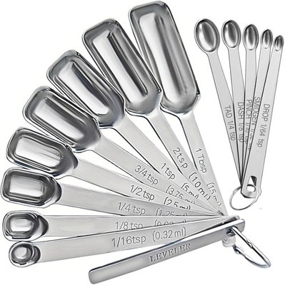 Stainless Steel Measuring Spoons Set of 14 with Leveler, Rectangular Teaspoon &