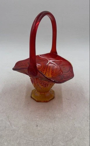 Vintage Red Orange Carnival Glass Home Decorative Basket With Handle