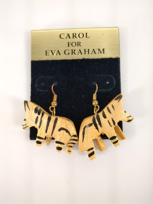 Vintage Eva Graham Zebra Earrings Handmade Carved Wood