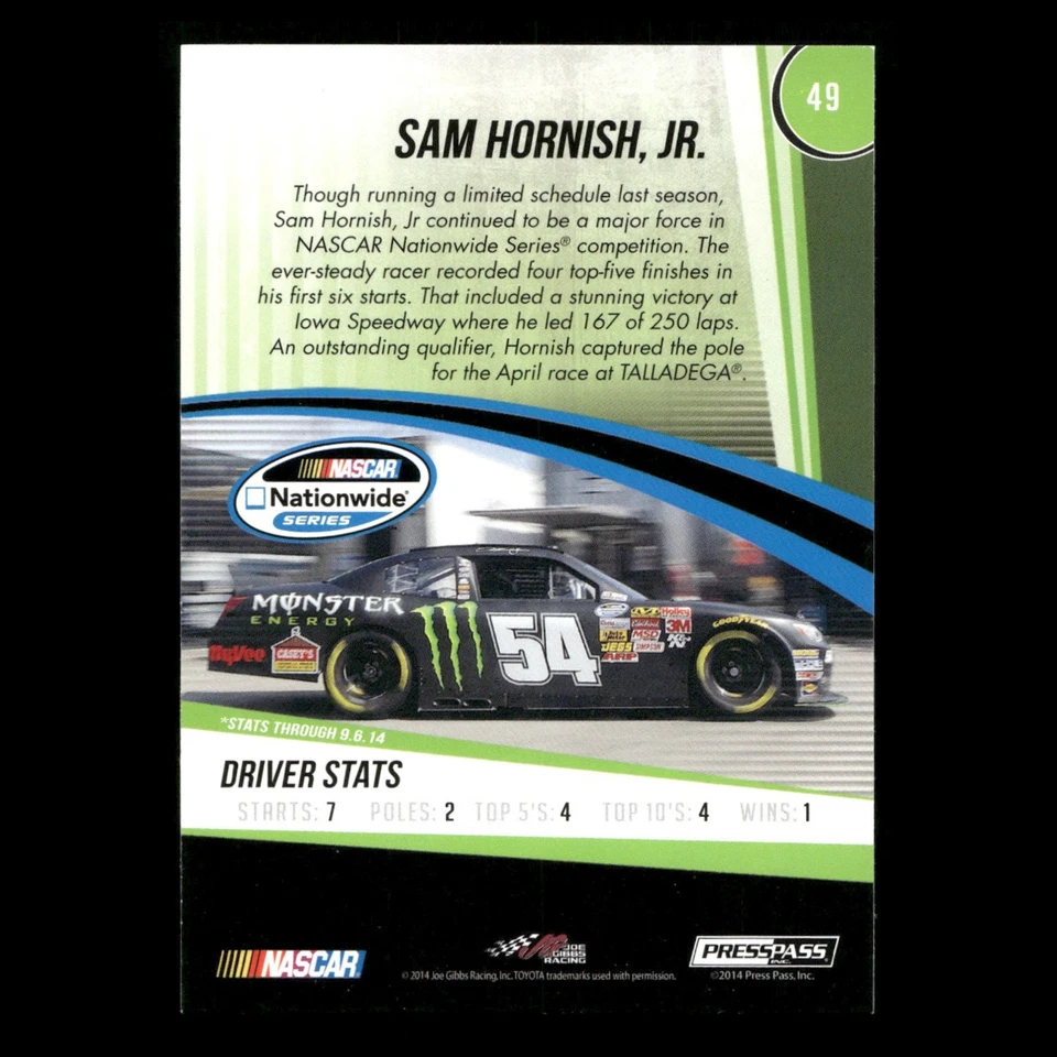Sam Hornish Jr. #49 2015 Press Pass Joe Gibbs Racing Racing Card - Image 2 of 3