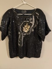 Vintage 80s Top Black Gold Silk Sequin Retro Glam Cocktail Party Fairy Goth Med