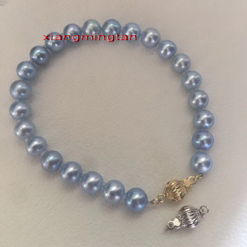 AAAAA 7.5"9-10mm Natural Real Redondo Mar del Sur Azul Perla Pulsera Oro 14K