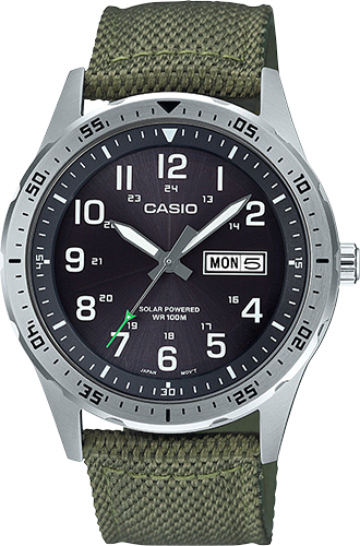 Casio Men's Solar Day and Date Green Nylon Strap 42mm Watch MTPS120L-3AV - Picture 1 of 2