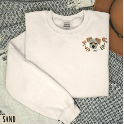 Custom Dog Portrait Embroidered Sweatshirt Personalized Pet Face and Name