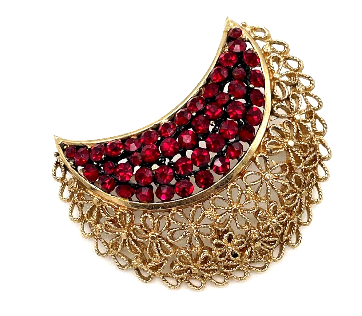 Vtg Karu Arke Red Rhinestone Crescent Gold tone Brooch Pin 1950s Vintage Large
