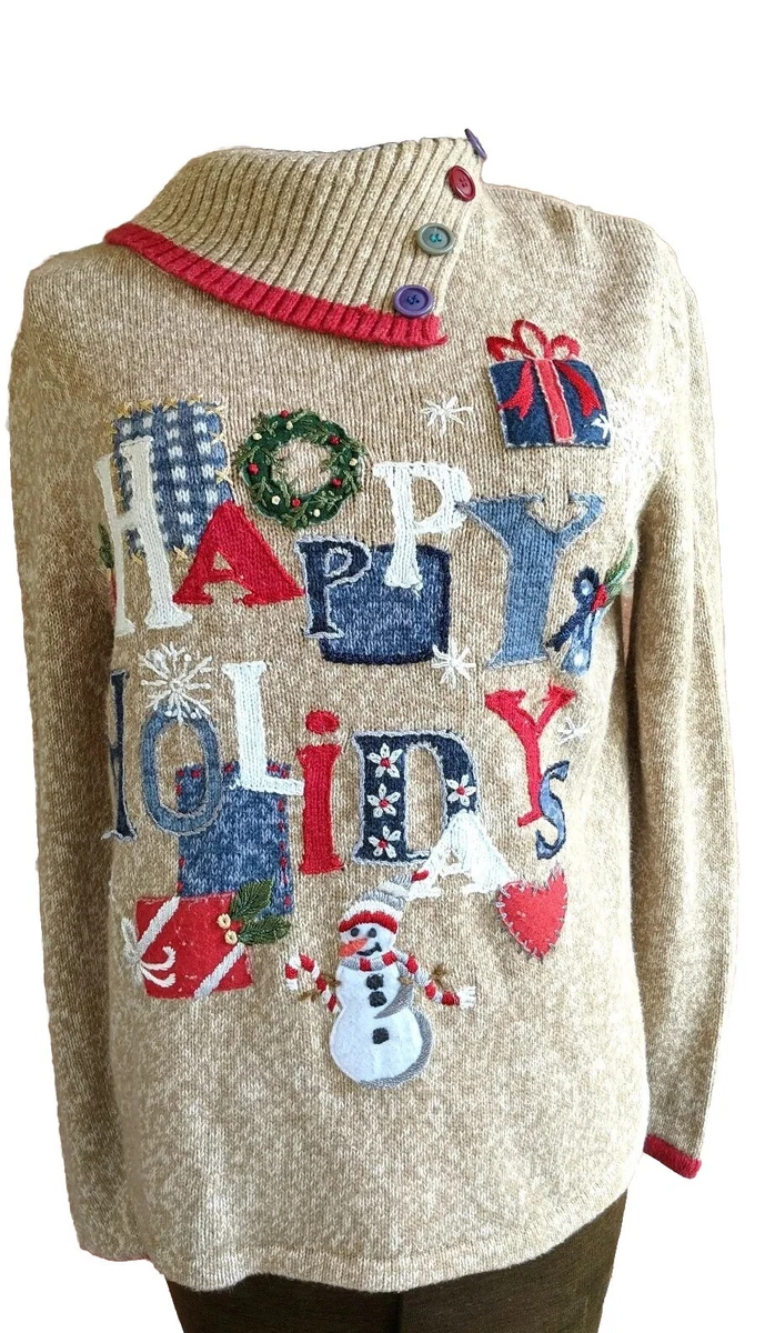 Tiara International Christmas Ugly Happy Holidays Sweater Embroidered Sz S