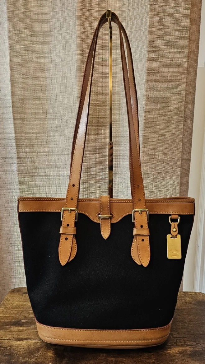 Borsa a tracolla vintage Dooney & Bourke nera tela bordo pelle secchiello USA