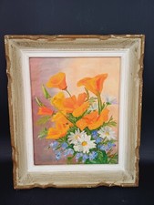 TABLEAU PEINTURE HUILE SUR CARTON BOUQUET FLEURS COQUELICOTS MARGUERITES 29x34cm