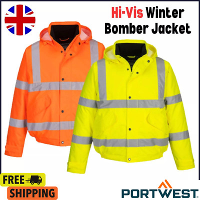 Portwest Hi-Vis Winter Bomber Jacket Waterproof Hood Reflective Work ...