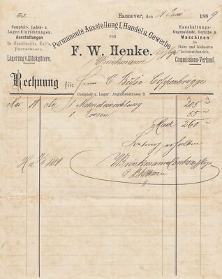 HANNOVER, Rechnung 1889, F. W. Henke Ausstellung für Handel und Gewerbe