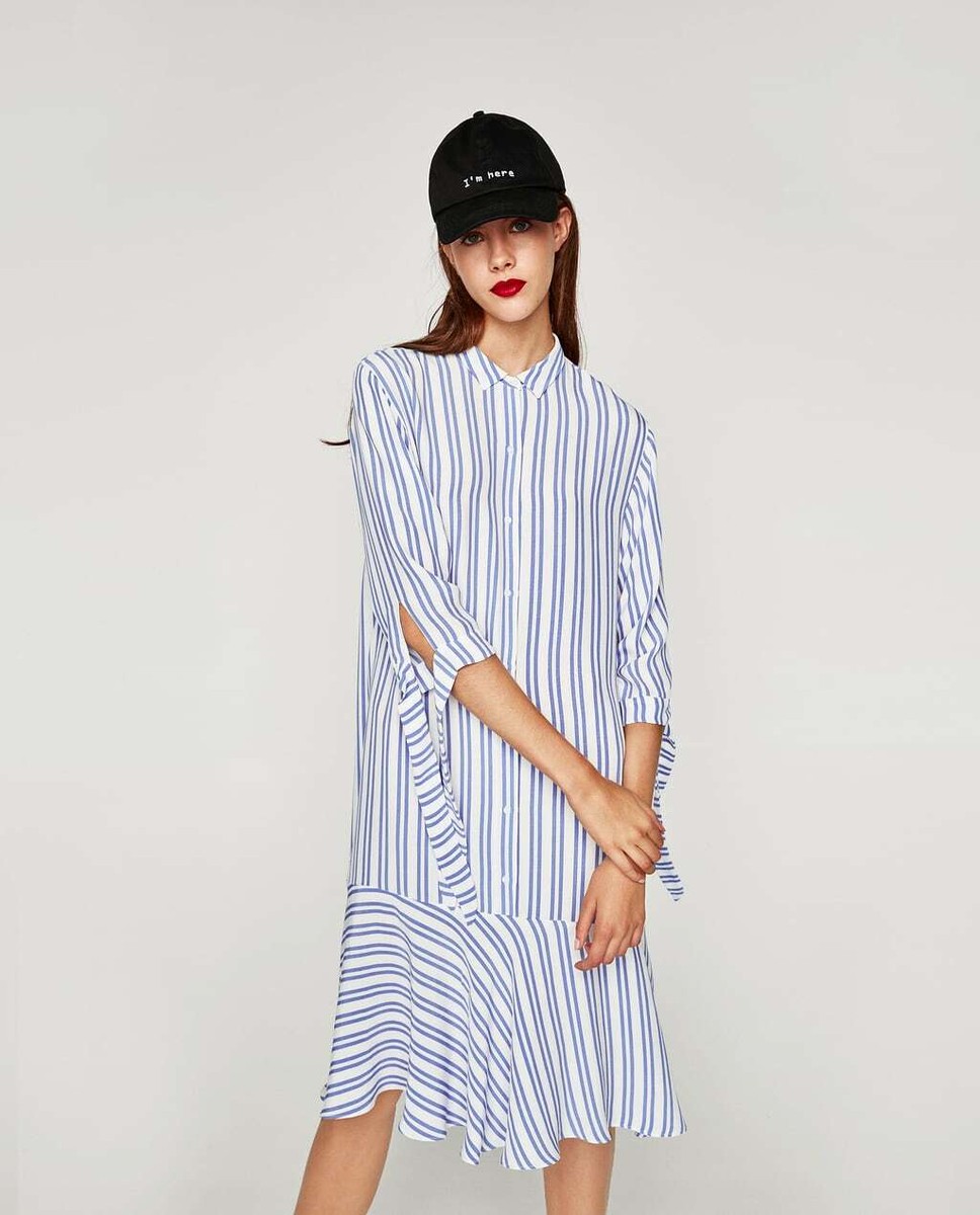 So cute! Zara asymmetrical STRIPED DRESS WITH FRILLS-7455/201-sky blue-size  S