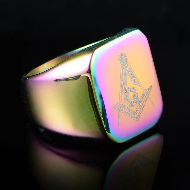 Anillo de boda masónico color arco iris titanio para hombre anillo de sello de motociclista masónico Foto 2 de 4