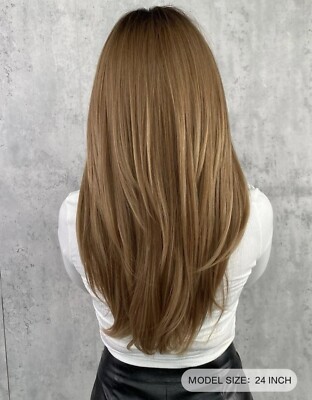 Perruque Longue Synthétique Brune Châtain Avec Frange - Taille Moyenne + Bonnet Extensible