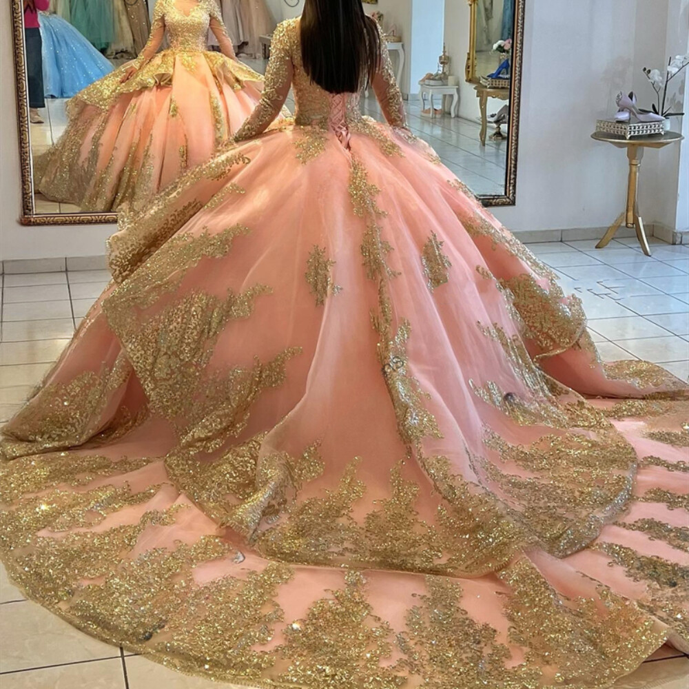 Pink Quinceanera Dress Gold Lace Applique Sequined Sweet 15 16