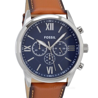 FOSSIL Flynn Mens Chronograph Watch, Blue Dial, Brown Leather