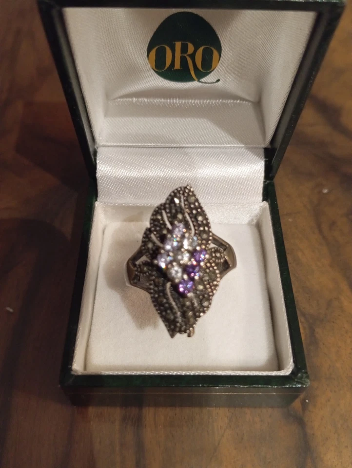 Vintage Anello In Argento Con Ametista E Zirconi E Marcadite - Immagine 4 di 4