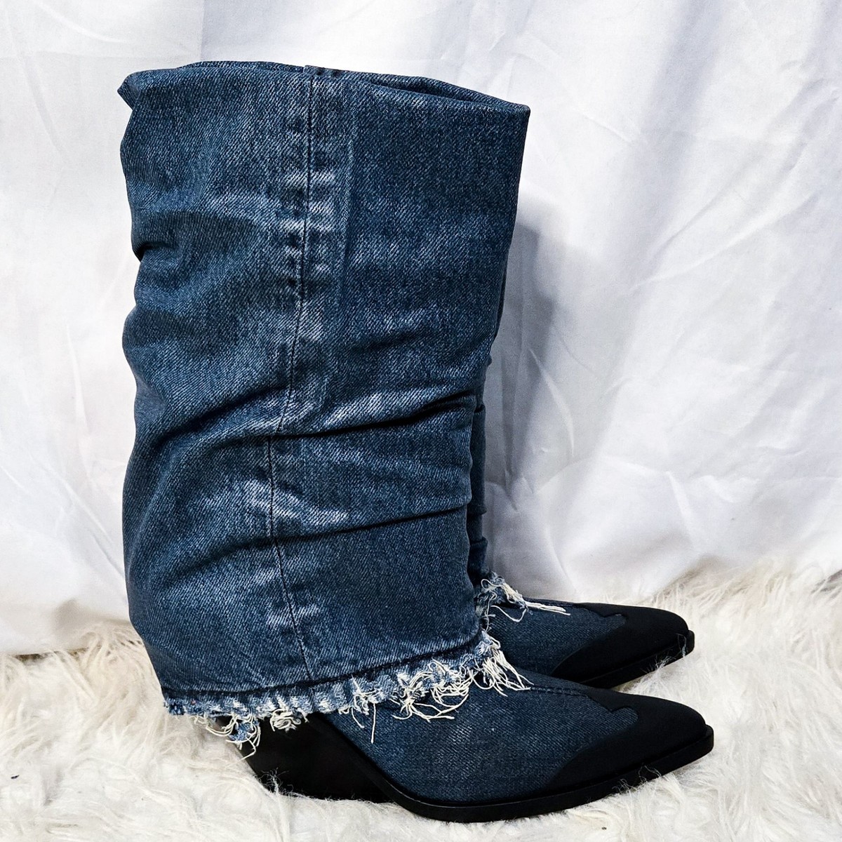Diesel Denim Cowboy Boots 39 Foldover Blue Y2k 8 Heels Wedge | eBay