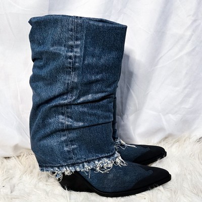 靴 DIESEL 00s archive wedge sole boots y2k Diesel Denim Cowboy Boots 39 Foldover Blue Y2k 8 Heels Wedge | eBay