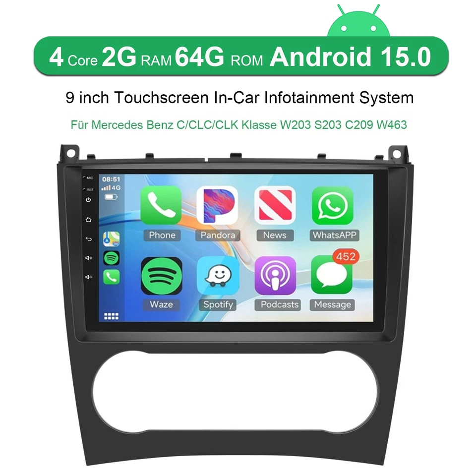 Android 15.0 Autoradio GPS Navi Carplay Für Mercedes Benz C-Klasse W203 CLK C209 - Bild 2 von 4