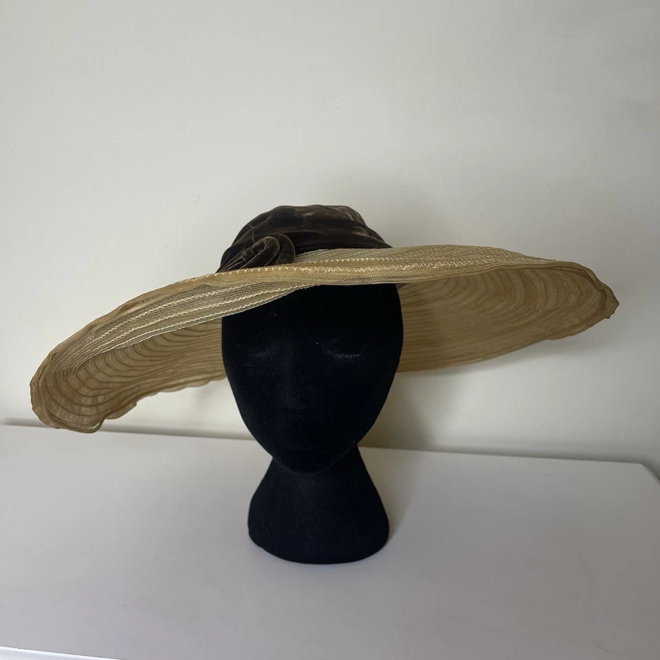 Vtg G Howard Hodge Brown Velvet Mesh Wide Brim Cartwheel Hat Bow 40s 50s - Image 3 of 4