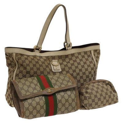GUCCI GG Canvas Pouch Web Sherry Line Hand Bag 3Set Beige Red Auth