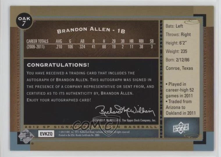 2012 SP Signature Edition Brandon Allen #OAK7 Auto - Image 2 of 2