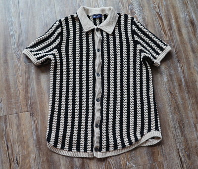 Gap Mens Black Beige 100% Cotton Striped Crochet Knit Resort Cabana Polo Shirt S
