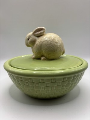 Hallmark Easter Bunny Rabbit Green Bowl w/Lid Basket Weave Ceramic
