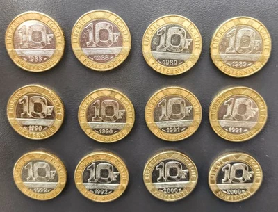 Lot de 12 pièces de 10 Francs Génie (1988–2000) – Bimétal - Plusieurs millésimes - Photo 1/2