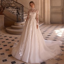 Wedding Dresses High Neck Long Sleeves Applique Court Train Illusion Back Gowns