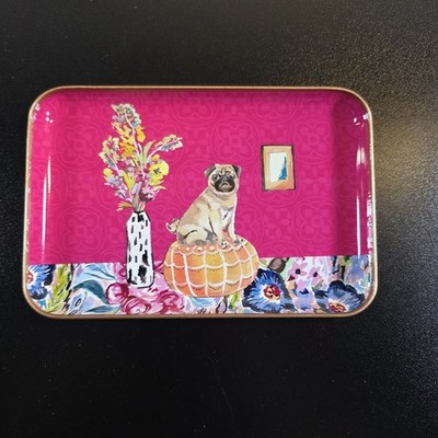 Punch Studio Pug Dog Catchall Tray Tin Metal 7'' Pink Floral Whimsical Gold Trim