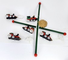Wooden train, sun, and cloud mobile, nursery decor, vintage, 10" Green/Red/Gold