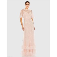 Mac Duggal 9199 Pink Ruffled Floral Embellished Flutter Sleeve A-Line Gown Sz 4