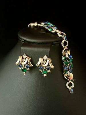 TRIFARI  Jeweled Symphony  1950 Set Earrings Bracelet Gold Alfred Philippe w/Box