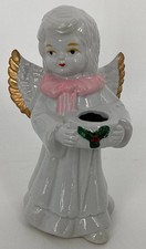 Vintage Christmas Angel Taper Candle Stick Holder Pink Bow Gold Accents