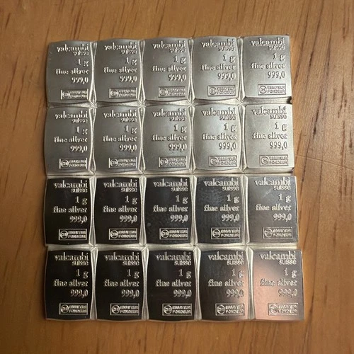 Lot of 20 Valcambi Suisse 1 Gram .999 Fine Silver Bars Pure Bullion